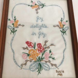 Vintage 1980s Era Unframed Hand Embroidery Joy Delights in Joy Sampler